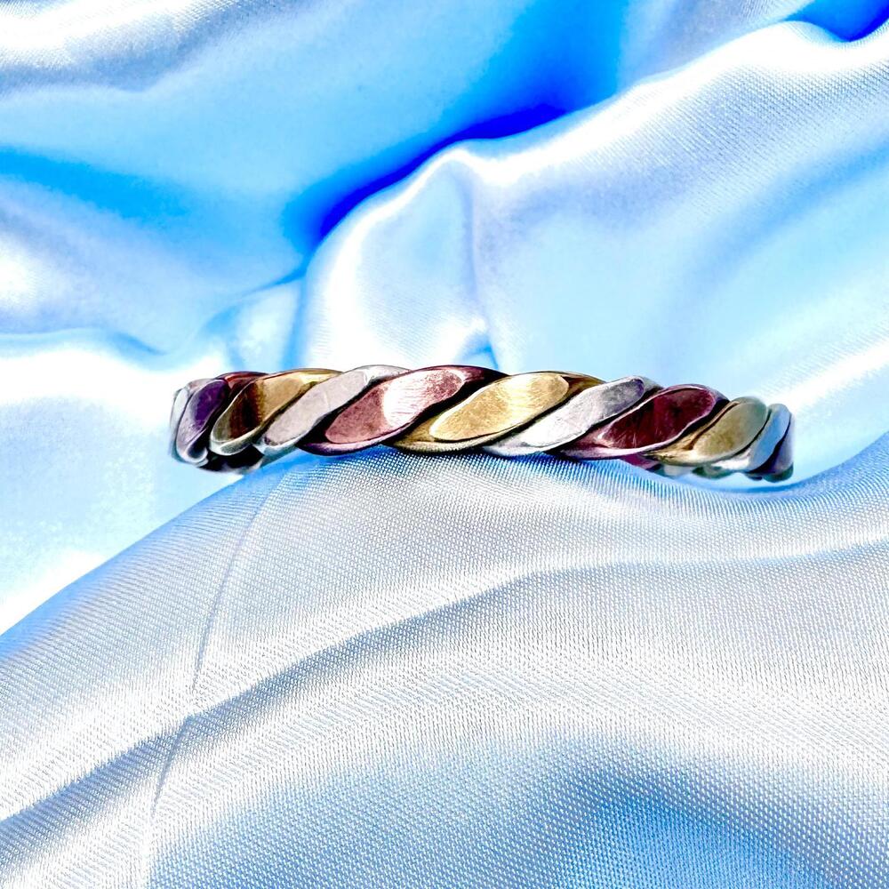 FLAT BRAIDED TRITONE CUFF. COPPER, BRASS AND NICKEL